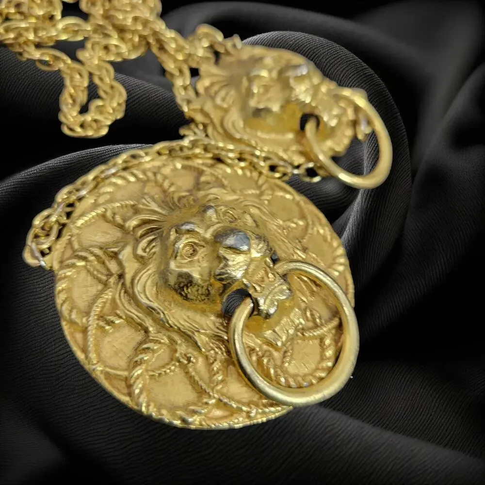 Vintage Double Lion Door Knocker Necklace Costume Jewelry Gold Pendant Statement